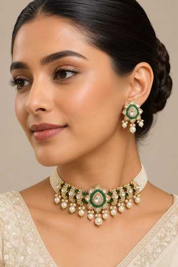 Zevar By Geeta Pearl Drop Embellished Choker Necklace Set 