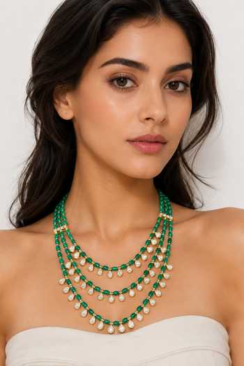 Zevar By Geeta Kundan Green Beads Layered Necklace 