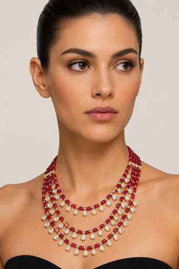 Zevar By Geeta Kundan Red Beads Layered Necklace 