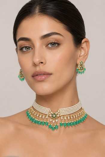 Zevar By Geeta Centre Crescent Studded Choker Set 
