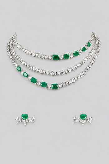 Zevar By Geeta Emeralds Embellished 3 Line Necklace Set 