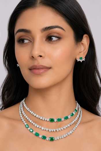 Zevar By Geeta Emeralds Embellished 3 Line Necklace Set 