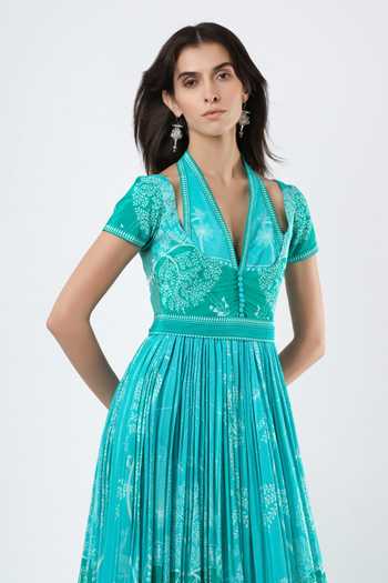 Buy_Limerick By Abirr N' Nanki_Blue Organza, Crepe Halter Neck Lavinia Embroidered Dress _Online_at_Aza_Fashions