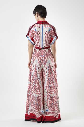 Shop Limerick By Abirr N' Nanki White Crepe V-, Collared Elizabeth Printed Jumpsuit With Belt at Aza Fashions Shop_Limerick By Abirr N' Nanki_White Crepe V-, Collared Elizabeth Printed Jumpsuit With Belt _at_Aza_Fashions