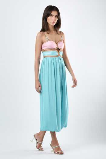 Limerick By Abirr N' Nanki_Blue Georgette, Satin Sweetheart Neck Sloane Scallop Textured Jumpsuit _Online_at_Aza_Fashions