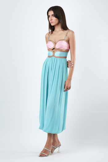 Buy_Limerick By Abirr N' Nanki_Blue Georgette, Satin Sweetheart Neck Sloane Scallop Textured Jumpsuit _Online_at_Aza_Fashions