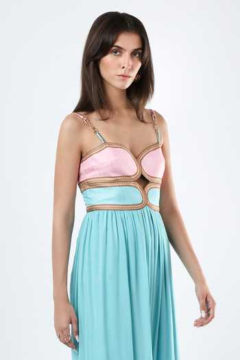 Limerick By Abirr N' Nanki_Blue Georgette, Satin Sweetheart Neck Sloane Scallop Textured Jumpsuit _at_Aza_Fashions