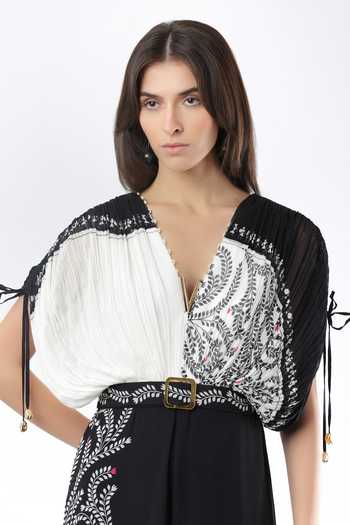 Shop Limerick By Abirr N' Nanki Black Georgette V-neck Greten Hand Embroidered Jumpsuit And Belt Set Online at Aza Fashions Shop_Limerick By Abirr N' Nanki_Black Georgette V-neck Greten Hand Embroidered Jumpsuit And Belt Set _Online_at_Aza_Fashions