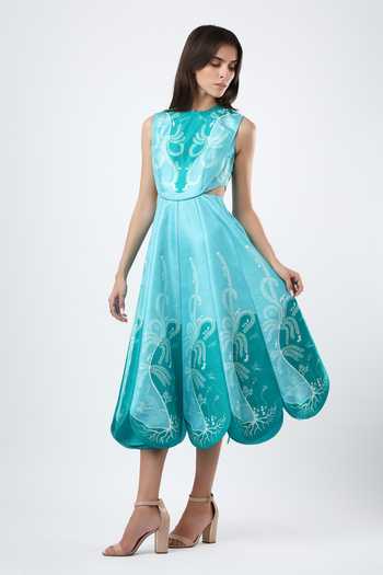 Limerick By Abirr N' Nanki_Blue Satin Round Neck Azura Embroidered Scallop Midi Dress _Online_at_Aza_Fashions