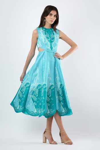Buy_Limerick By Abirr N' Nanki_Blue Satin Round Neck Azura Embroidered Scallop Midi Dress _Online_at_Aza_Fashions