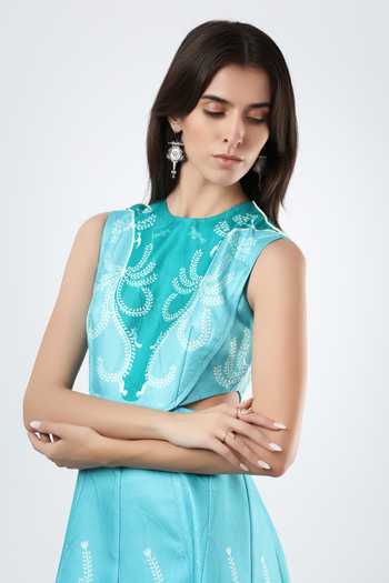 Shop_Limerick By Abirr N' Nanki_Blue Satin Round Neck Azura Embroidered Scallop Midi Dress _Online_at_Aza_Fashions