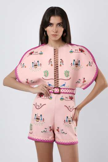 Limerick By Abirr N' Nanki_Pink Crepe Round Neck Soraya Embroidered Playsuit With Belt _Online_at_Aza_Fashions