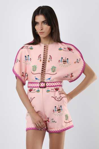 Buy_Limerick By Abirr N' Nanki_Pink Crepe Round Neck Soraya Embroidered Playsuit With Belt _Online_at_Aza_Fashions