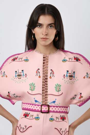 Shop_Limerick By Abirr N' Nanki_Pink Crepe Round Neck Soraya Embroidered Playsuit With Belt _Online_at_Aza_Fashions