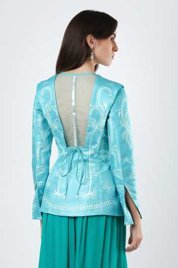 Shop Limerick By Abirr N' Nanki Blue Satin Plunge Neck Scallop Textured Pattern Jacket Online at Aza Fashions Shop_Limerick By Abirr N' Nanki_Blue Satin Plunge Neck Scallop Textured Pattern Jacket _Online_at_Aza_Fashions