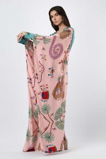Limerick By Abirr N' Nanki Pink Crepe V-neck Eira Embroidered And Printed Kaftan Online at Aza Fashions Limerick By Abirr N' Nanki_Pink Crepe V-neck Eira Embroidered And Printed Kaftan _Online_at_Aza_Fashions