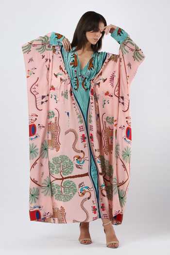 Buy Limerick By Abirr N' Nanki Pink Crepe V-neck Eira Embroidered And Printed Kaftan Online at Aza Fashions Buy_Limerick By Abirr N' Nanki_Pink Crepe V-neck Eira Embroidered And Printed Kaftan _Online_at_Aza_Fashions