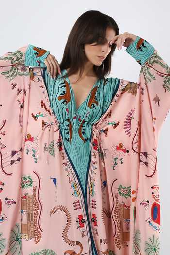 Shop Limerick By Abirr N' Nanki Pink Crepe V-neck Eira Embroidered And Printed Kaftan Online at Aza Fashions Shop_Limerick By Abirr N' Nanki_Pink Crepe V-neck Eira Embroidered And Printed Kaftan _Online_at_Aza_Fashions