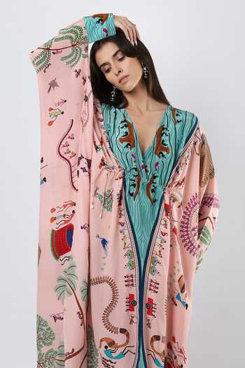 Limerick By Abirr N' Nanki Pink Crepe V-neck Eira Embroidered And Printed Kaftan at Aza Fashions Limerick By Abirr N' Nanki_Pink Crepe V-neck Eira Embroidered And Printed Kaftan _at_Aza_Fashions