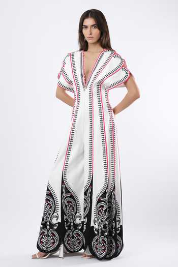 Buy_Limerick By Abirr N' Nanki_White Cotton Satin Plunge Neck Zumi Embroidered Jumpsuit _Online_at_Aza_Fashions