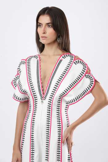 Shop_Limerick By Abirr N' Nanki_White Cotton Satin Plunge Neck Zumi Embroidered Jumpsuit _Online_at_Aza_Fashions