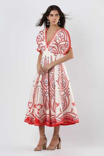Limerick By Abirr N' Nanki_Pink Satin V-neck Winslet Embroidered Midi Dress _Online_at_Aza_Fashions
