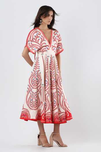 Buy_Limerick By Abirr N' Nanki_Pink Satin V-neck Winslet Embroidered Midi Dress _Online_at_Aza_Fashions