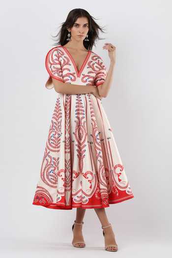Limerick By Abirr N' Nanki_Pink Satin V-neck Winslet Embroidered Midi Dress _at_Aza_Fashions