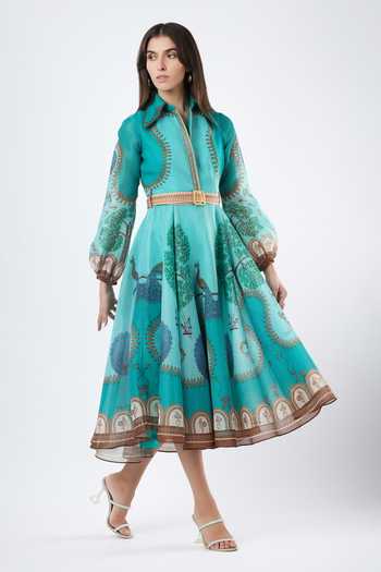 Limerick By Abirr N' Nanki Blue Organza Collared Neck Annika Embroidered Dress And Belt Set Online at Aza Fashions Limerick By Abirr N' Nanki_Blue Organza Collared Neck Annika Embroidered Dress And Belt Set _Online_at_Aza_Fashions