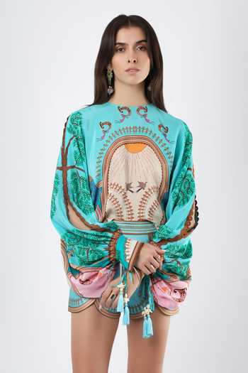 Shop Limerick By Abirr N' Nanki Blue Crepe Round Neck Seol Warli Motif Top Online at Aza Fashions Shop_Limerick By Abirr N' Nanki_Blue Crepe Round Neck Seol Warli Motif Top _Online_at_Aza_Fashions