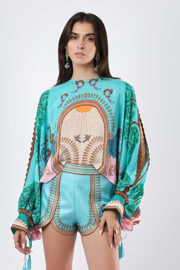Limerick By Abirr N' Nanki Blue Crepe Round Neck Seol Warli Motif Top at Aza Fashions Limerick By Abirr N' Nanki_Blue Crepe Round Neck Seol Warli Motif Top _at_Aza_Fashions