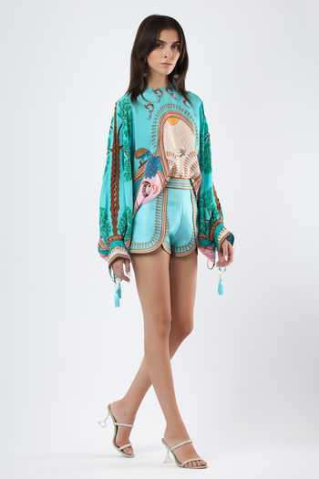 Buy Limerick By Abirr N' Nanki Blue Satin Seol Scallop Print Shorts Online at Aza Fashions Buy_Limerick By Abirr N' Nanki_Blue Satin Seol Scallop Print Shorts _Online_at_Aza_Fashions