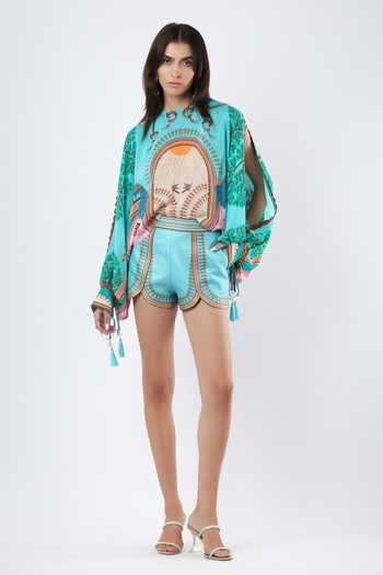 Shop Limerick By Abirr N' Nanki Blue Satin Seol Scallop Print Shorts Online at Aza Fashions Shop_Limerick By Abirr N' Nanki_Blue Satin Seol Scallop Print Shorts _Online_at_Aza_Fashions