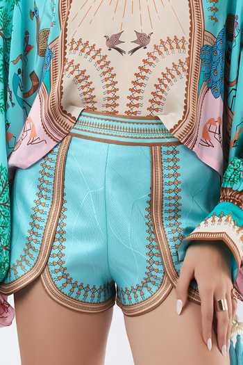 Limerick By Abirr N' Nanki Blue Satin Seol Scallop Print Shorts at Aza Fashions Limerick By Abirr N' Nanki_Blue Satin Seol Scallop Print Shorts _at_Aza_Fashions