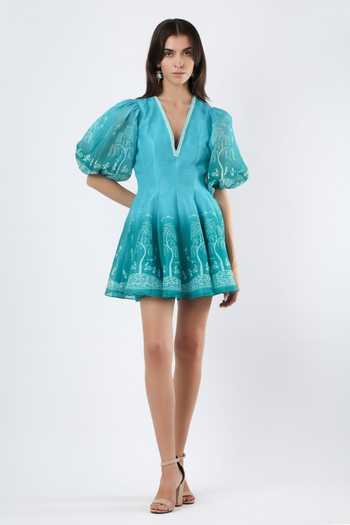 Limerick By Abirr N' Nanki Blue Organza V-neck Striped Puff Sleeve Dress Online at Aza Fashions Limerick By Abirr N' Nanki_Blue Organza V-neck Striped Puff Sleeve Dress _Online_at_Aza_Fashions