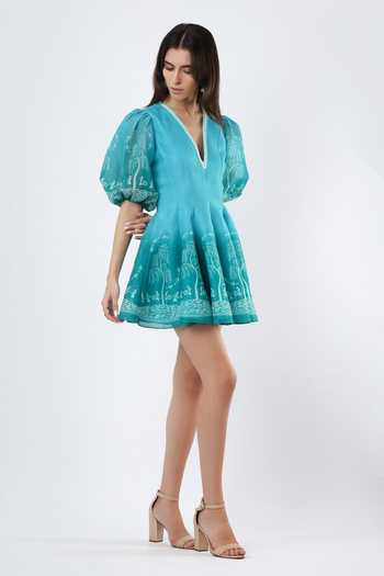 Buy Limerick By Abirr N' Nanki Blue Organza V-neck Striped Puff Sleeve Dress Online at Aza Fashions Buy_Limerick By Abirr N' Nanki_Blue Organza V-neck Striped Puff Sleeve Dress _Online_at_Aza_Fashions