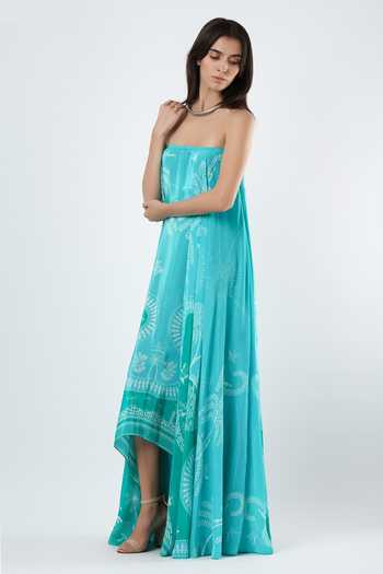 Limerick By Abirr N' Nanki Blue Crepe Bandeau Neck Zef Warli Print Maxi Dress Online at Aza Fashions Limerick By Abirr N' Nanki_Blue Crepe Bandeau Neck Zef Warli Print Maxi Dress _Online_at_Aza_Fashions