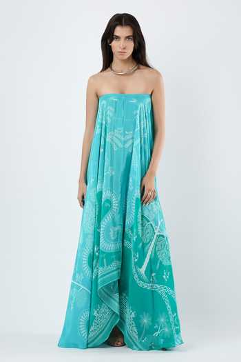 Shop Limerick By Abirr N' Nanki Blue Crepe Bandeau Neck Zef Warli Print Maxi Dress Online at Aza Fashions Shop_Limerick By Abirr N' Nanki_Blue Crepe Bandeau Neck Zef Warli Print Maxi Dress _Online_at_Aza_Fashions
