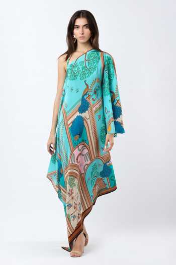 Limerick By Abirr N' Nanki Blue Crepe Halter Neck, Asymmetric Neck, One Folie Warli Print Maxi Dress Online at Aza Fashions Limerick By Abirr N' Nanki_Blue Crepe Halter Neck, Asymmetric Neck, One Folie Warli Print Maxi Dress _Online_at_Aza_Fashions
