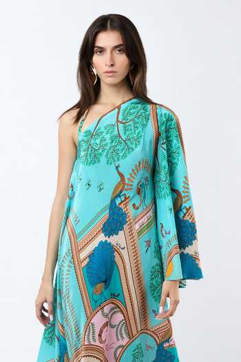 Buy Limerick By Abirr N' Nanki Blue Crepe Halter Neck, Asymmetric Neck, One Folie Warli Print Maxi Dress Online at Aza Fashions Buy_Limerick By Abirr N' Nanki_Blue Crepe Halter Neck, Asymmetric Neck, One Folie Warli Print Maxi Dress _Online_at_Aza_Fashions