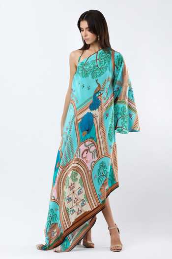 Shop Limerick By Abirr N' Nanki Blue Crepe Halter Neck, Asymmetric Neck, One Folie Warli Print Maxi Dress Online at Aza Fashions Shop_Limerick By Abirr N' Nanki_Blue Crepe Halter Neck, Asymmetric Neck, One Folie Warli Print Maxi Dress _Online_at_Aza_Fashions