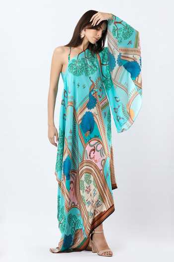 Limerick By Abirr N' Nanki Blue Crepe Halter Neck, Asymmetric Neck, One Folie Warli Print Maxi Dress at Aza Fashions Limerick By Abirr N' Nanki_Blue Crepe Halter Neck, Asymmetric Neck, One Folie Warli Print Maxi Dress _at_Aza_Fashions