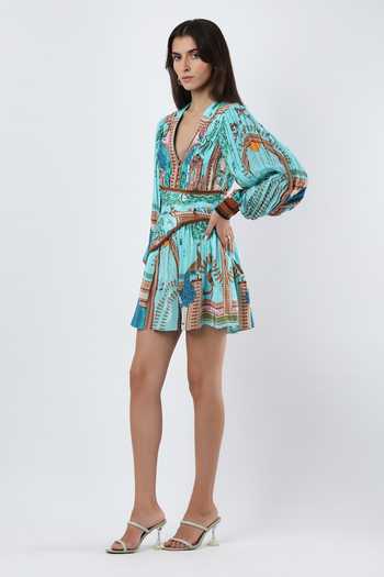 Limerick By Abirr N' Nanki Blue Crepe V-neck Printed Dress Online at Aza Fashions Limerick By Abirr N' Nanki_Blue Crepe V-neck Printed Dress _Online_at_Aza_Fashions