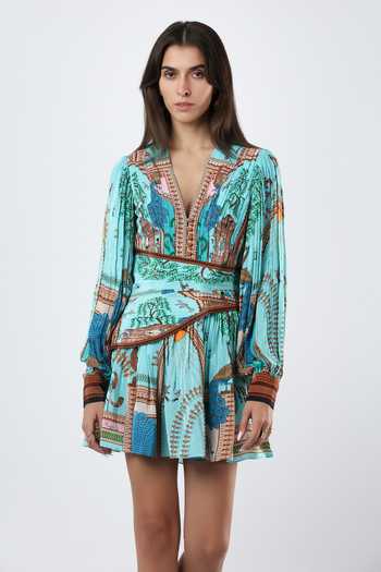 Buy Limerick By Abirr N' Nanki Blue Crepe V-neck Printed Dress Online at Aza Fashions Buy_Limerick By Abirr N' Nanki_Blue Crepe V-neck Printed Dress _Online_at_Aza_Fashions