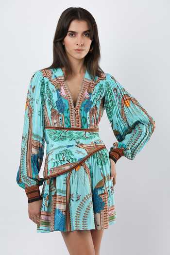 Shop Limerick By Abirr N' Nanki Blue Crepe V-neck Printed Dress Online at Aza Fashions Shop_Limerick By Abirr N' Nanki_Blue Crepe V-neck Printed Dress _Online_at_Aza_Fashions