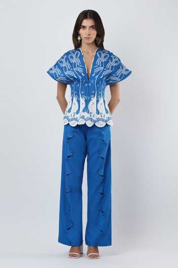 Limerick By Abirr N' Nanki Blue Cotton Satin V-neck Cielo Warli Embroidered Top Online at Aza Fashions Limerick By Abirr N' Nanki_Blue Cotton Satin V-neck Cielo Warli Embroidered Top _Online_at_Aza_Fashions