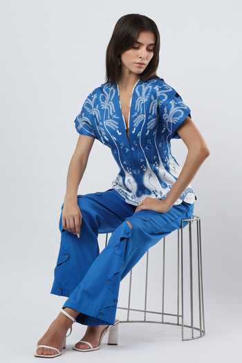 Shop Limerick By Abirr N' Nanki Blue Cotton Satin V-neck Cielo Warli Embroidered Top Online at Aza Fashions Shop_Limerick By Abirr N' Nanki_Blue Cotton Satin V-neck Cielo Warli Embroidered Top _Online_at_Aza_Fashions