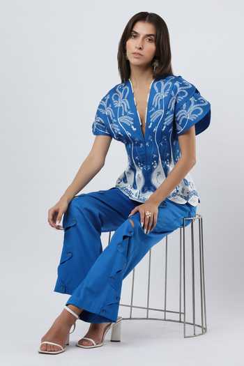 Limerick By Abirr N' Nanki Blue Cotton Satin V-neck Cielo Warli Embroidered Top at Aza Fashions Limerick By Abirr N' Nanki_Blue Cotton Satin V-neck Cielo Warli Embroidered Top _at_Aza_Fashions