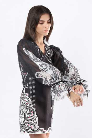 Limerick By Abirr N' Nanki Black Satin V-neck Mika Warli Print Dress at Aza Fashions Limerick By Abirr N' Nanki_Black Satin V-neck Mika Warli Print Dress _at_Aza_Fashions