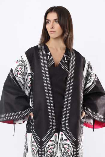 Buy Limerick By Abirr N' Nanki Black Satin V-neck Mika Scallop Bordered Jacket Buy_Limerick By Abirr N' Nanki_Black Satin V-neck Mika Scallop Bordered Jacket